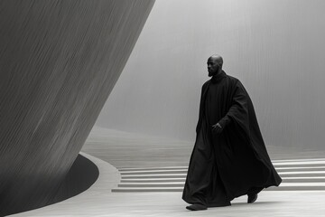 Stylish man in long black robe walking through modern minimalist architecture.  Black and white photography.