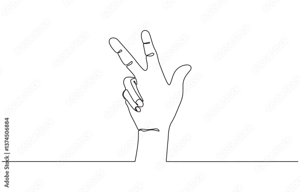 Poster three fingers icon. continuous outline of a three fingers icon, number three hand gesture language a
