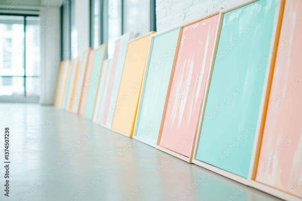 Poster creative image of art and frames section with colorful artwork leaning against wall and ample copy s