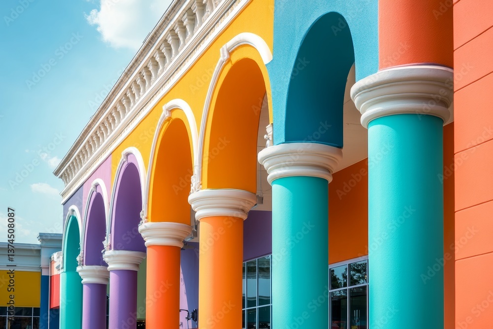 Poster vibrant shopping center with colorful columns and unique architectural design in photography