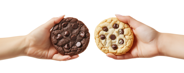 Two hands hold different types of cookies showcasing chocolate chip and double chocolate flavors for a sweet treat moment