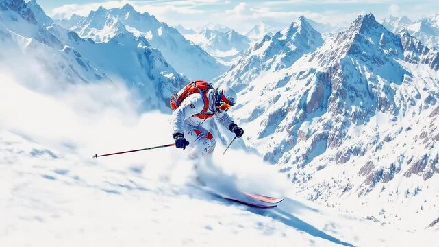 Footage drawing of freeride from high mountains skier in white overalls descending snowy slope of rocks, dynamic moment of skiing downhill athleticism during adrenaline filled winter adventure