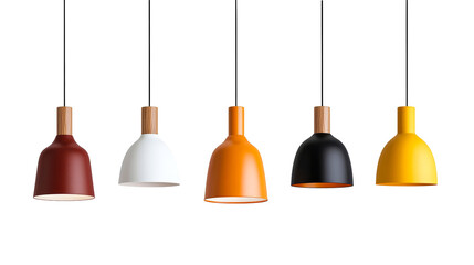 Naklejka premium Row of colorful pendant lamps on black background, cut out transparent