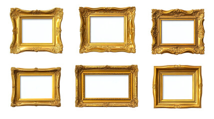 Six golden ornate frames of different shapes, cut out transparent