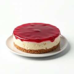 Delicious cheesecake with a glossy red fruit topping on a white plate.