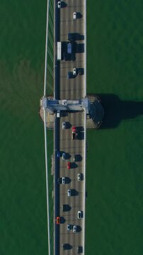Aerial view of the San Francisco Oakland Bay Bridge full of traffic. Interstate 80. San Francisco, California. US. Shot in 8K.