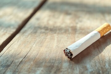 lone unlit cigarette lies on rustic wooden table symbolizing cessation and hope amid muted lighting