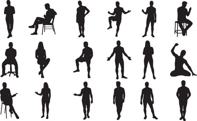 Obraz premium Vector silhouettes of people in various poses and outfits, including men, women, children, and families, depicting walking, business, and fashion styles