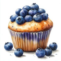 Delicious blueberry muffin topped with fresh blueberries on a white background