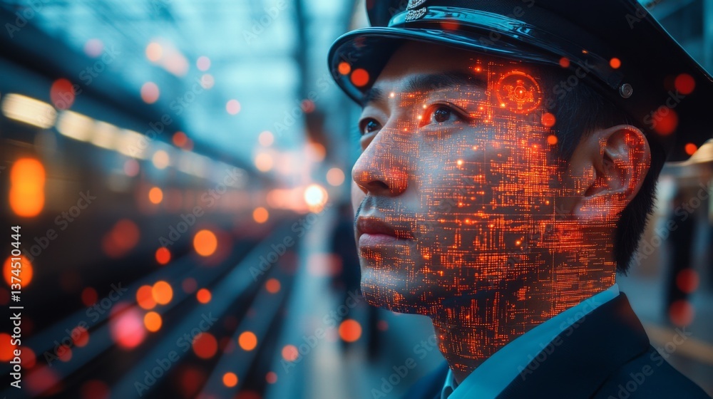 Poster A transportation worker oversees a busy transit area, utilizing sophisticated monitoring tools to ensure security and optimize logistics in real time during peak hours.