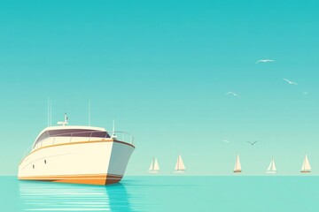 Naklejka premium minimalist flat design illustration of luxurious yacht gracefully cruising across calm turquoise waters with clear