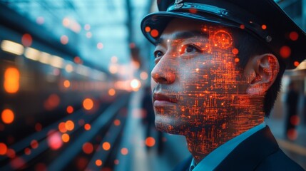 A transportation worker oversees a busy transit area, utilizing sophisticated monitoring tools to ensure security and optimize logistics in real time during peak hours.