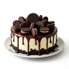A rich chocolate cake topped with creamy frosting and Oreo cookies, drizzled with chocolate sauce.