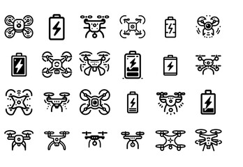 Fototapeta premium drone and battery icon set in minimal linear style depicting drones in flight and battery charge symbols on transparent background 