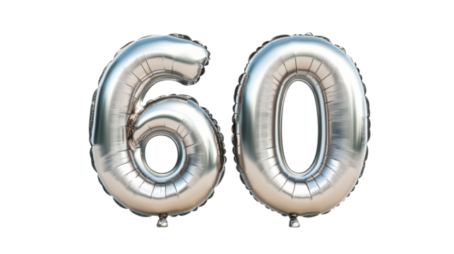 Silver balloons numbers sixty, anniversary decoration, cut out transparent