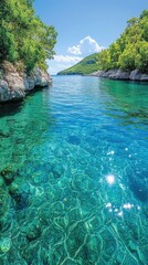 Crystal clear turquoise water in a secluded cove, surrounded by lush green vegetation and rocky shores.  A stunning summer seascape.