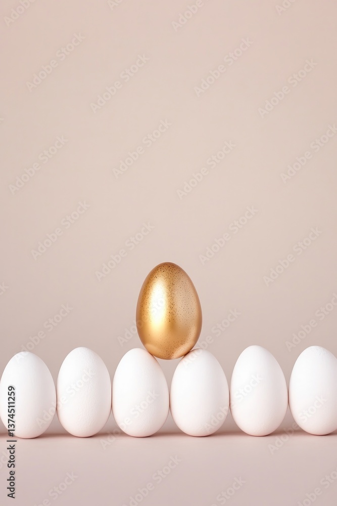 Poster modern minimalist shot of row of white eggs with single golden egg in center set against neutral bac