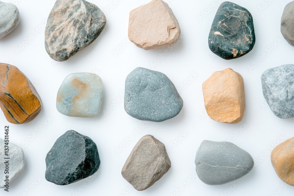 Poster neatly arranged collection of decorative stones on pristine white backdrop elegantly displaying thei