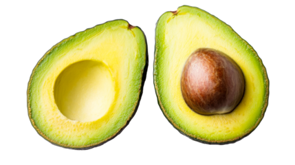 Two avocado halves, seed and pit, freshness and nutrition, cut out transparent