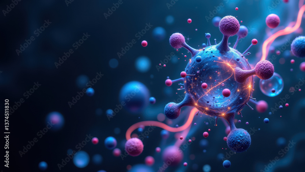 Poster Computer-generated image of a GLP-1 molecule floating amidst colored spheres representing atoms with energy lines radiating from it, symbolizing its function and interaction.