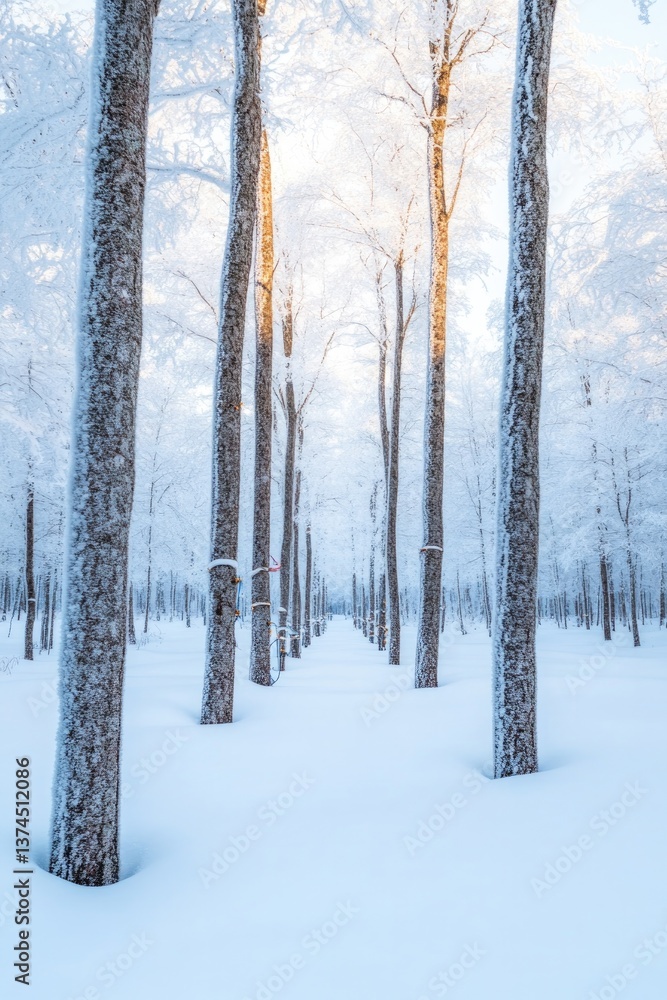 Poster scenic forest shot showing tapped maple trees with tubing connecting them snow softly falling in bac