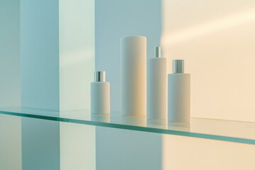 Naklejka premium serene home bathroom scene with collection of elegant hair care products neatly arranged and beautifully lit on glass