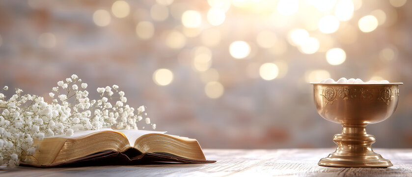 bright, optimistical photo with open bible book & white pure flowers on bokeh glossy background; concept of first holly communion; copy space