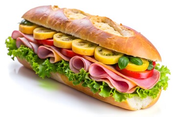 Fresh ham and cheese sandwich with vegetables on a white bread roll