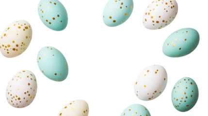 Easter eggs with golden dots on black background, cut out transparent