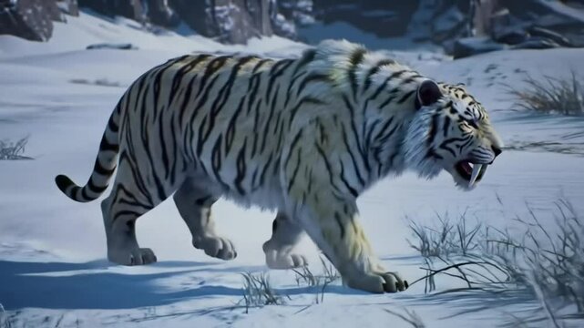 A white saber-tooth tiger with black stripes walks majestically across a snowy landscape, its fur blending with the wintery scenery.