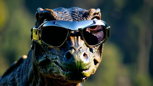 Dinosaur cooly sports a pair of reflective sunglasses for a unique, anachronistic style in a sun-dappled outdoor setting.