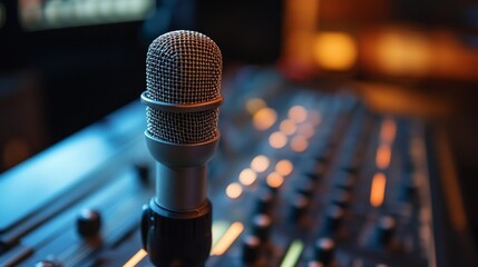 Live podcast recording session at a modern studio featuring a dynamic microphone and sound mixing equipment