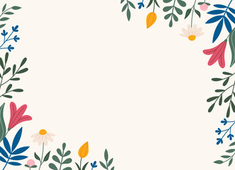 Decorative frame, border with flowers - tulip, leaves, lilies. Vector. Doodle style. Horizontal Copy space, design template. Hand drawn spring and summer flowers and foliage