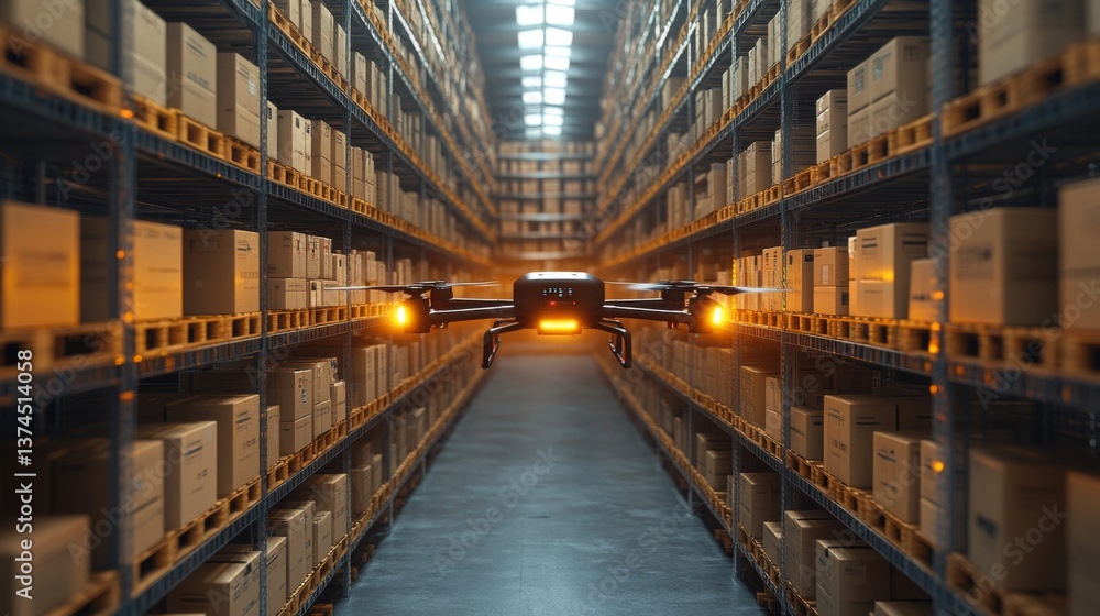 Poster Drones navigate through a warehouse filled with stacked boxes, efficiently sorting and managing inventory during a busy fulfillment process.