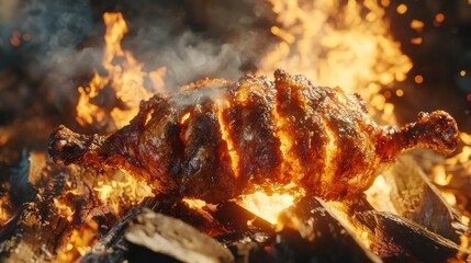 Roasted whole chicken over campfire