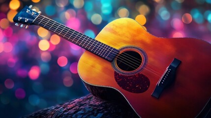 Naklejka premium Melodic guitar performance colorful bokeh background photography artistic environment close-up view music concept