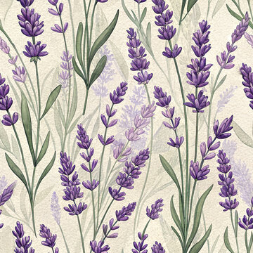 Lavender seamless pattern in watercolor style in purple and green tones representing natural beauty