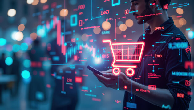 Digital ecommerce technology with neon shopping cart hologram. Online retail data analytics interface with mobile smartphone. Future commerce metrics dashboard with customer purchase statistics.