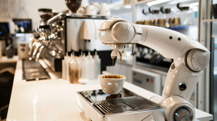 
A robot barista preparing coffee in a high-tech café