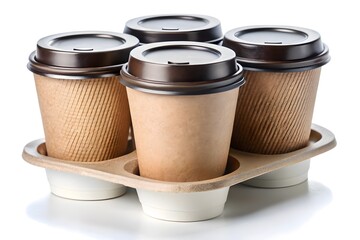 Two cups of coffee and two cups of tea with lids on disposable paper cups