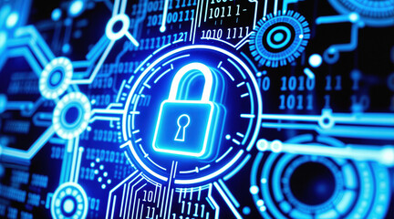 Obraz premium Glowing blue padlock surrounded by binary code, digital circuits, and cybersecurity elements on dark background. Technology network protection concept with encryption symbols and security interface