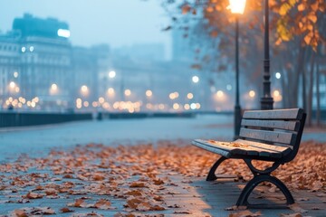 somber park bench under streetlamp at night illuminating empty space with atmosphere of loneliness and despair offers