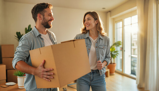 Happy couple carrying cardboard boxes during relocation to new apartment. Young adults in denim smiling at each other while moving into bright modern home with natural light and plants. Fresh start
