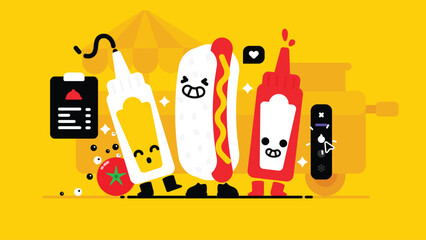 Set of tasty Hot dog sandwich, collection of cute Ketchup bottle, Hot dog sandwich and Mustard, Smiley sweet Food cart, flat Vector illustration. © Flat