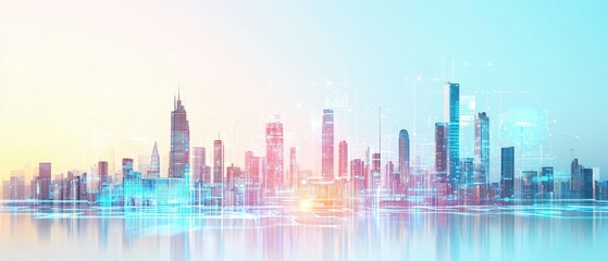 Fototapeta premium Futuristic city skyline with glowing business features urban environment digital art perspective