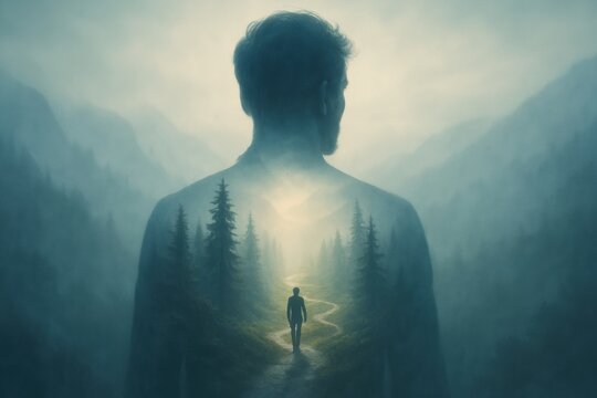 Pathways of Self-Discovery: An evocative illustration of a man at a crossroads, gazing towards a path winding through a misty mountain landscape.