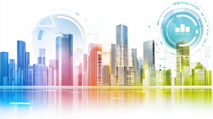 Fototapeta premium Futuristic business growth in glowing city skyline digital crm interface with kpis urban environment aerial view