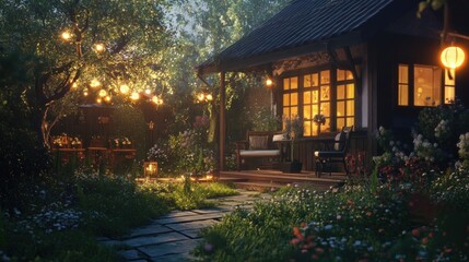 Serene cottage garden at twilight.  Cozy outdoor space with warm lighting, flowers, and a wooden porch
