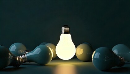 One of Lightbulb glowing among shutdown light bulb in dark area with copy space for creative thinking , problem solving solution and outstanding concept by 3d rendering technique