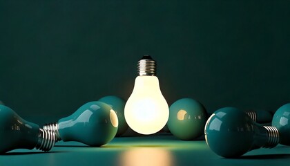 One of Lightbulb glowing among shutdown light bulb in dark area with copy space for creative thinking , problem solving solution and outstanding concept by 3d rendering technique